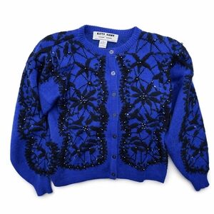 Vintage Kitty Hawk Vivian Wang Wool Blend Beaded Embroidered Cardigan L Blue